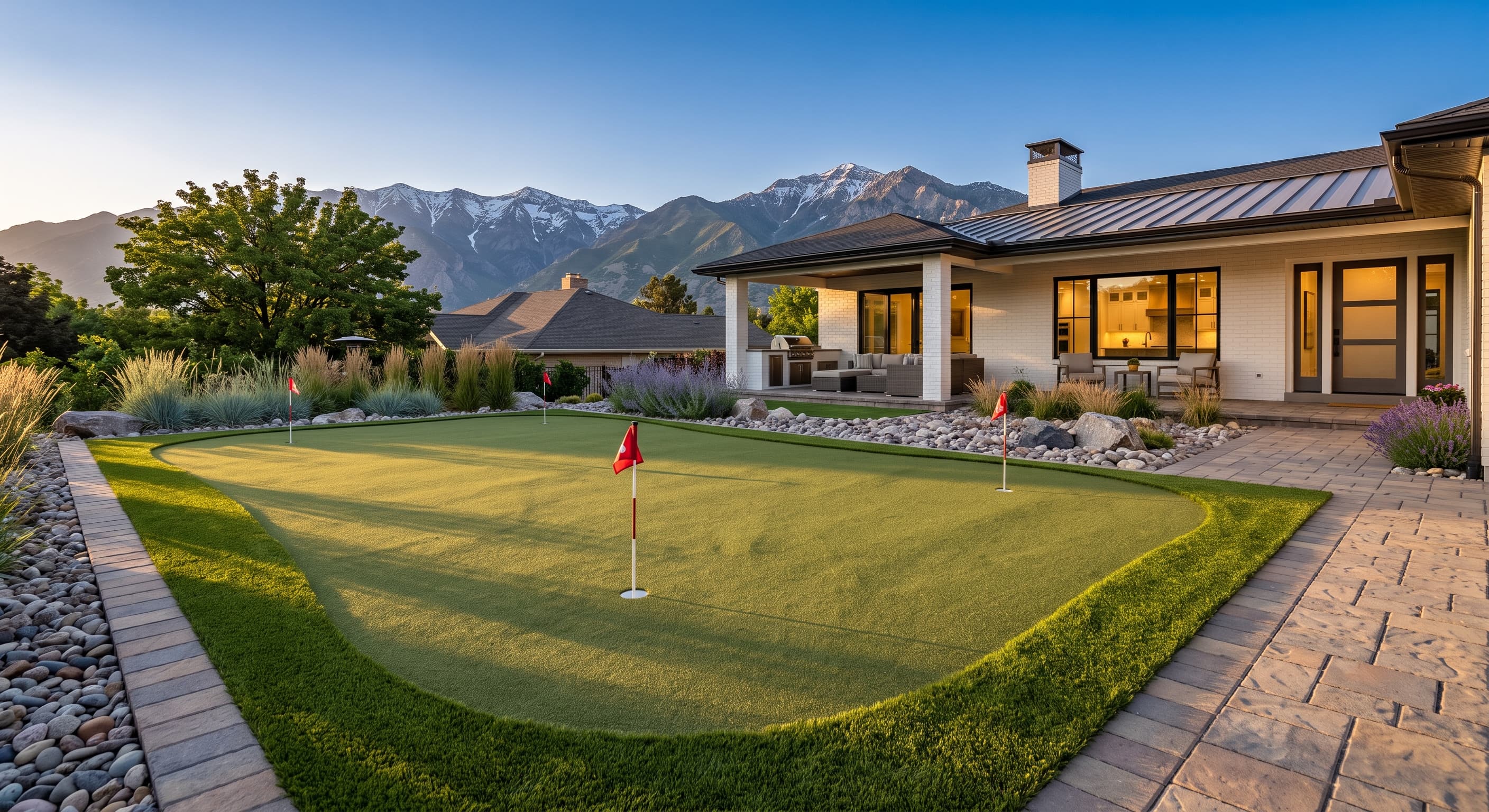 A backyard putting green and paver patio beneath the Wasatch mountains, the kind of project SolScapes financing covers