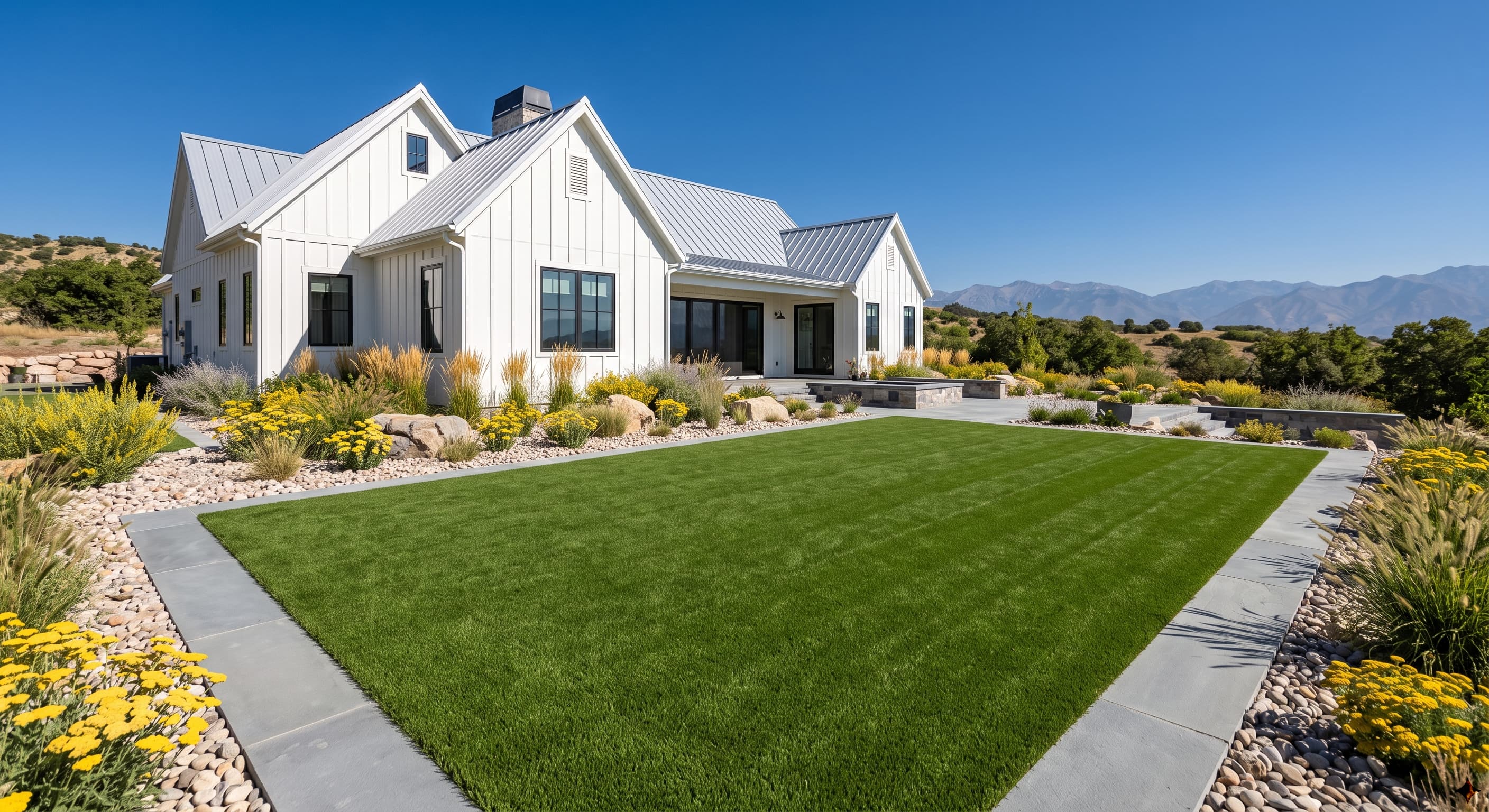 A modern white farmhouse with a manicured artificial turf lawn, rock beds and native planting against the Wasatch mountains