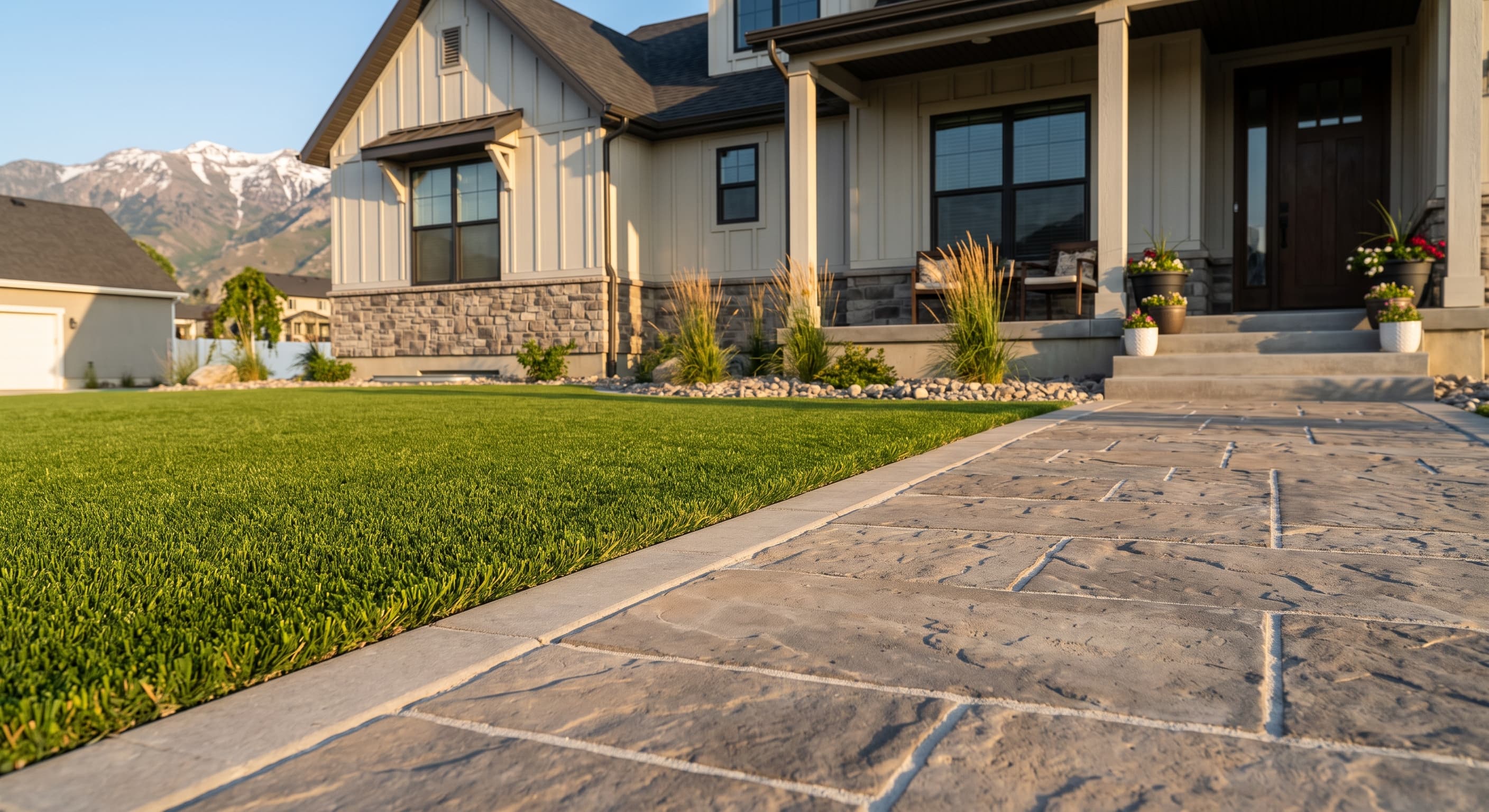 Artificial grass front lawn meeting a stamped stone walkway at a Utah home
