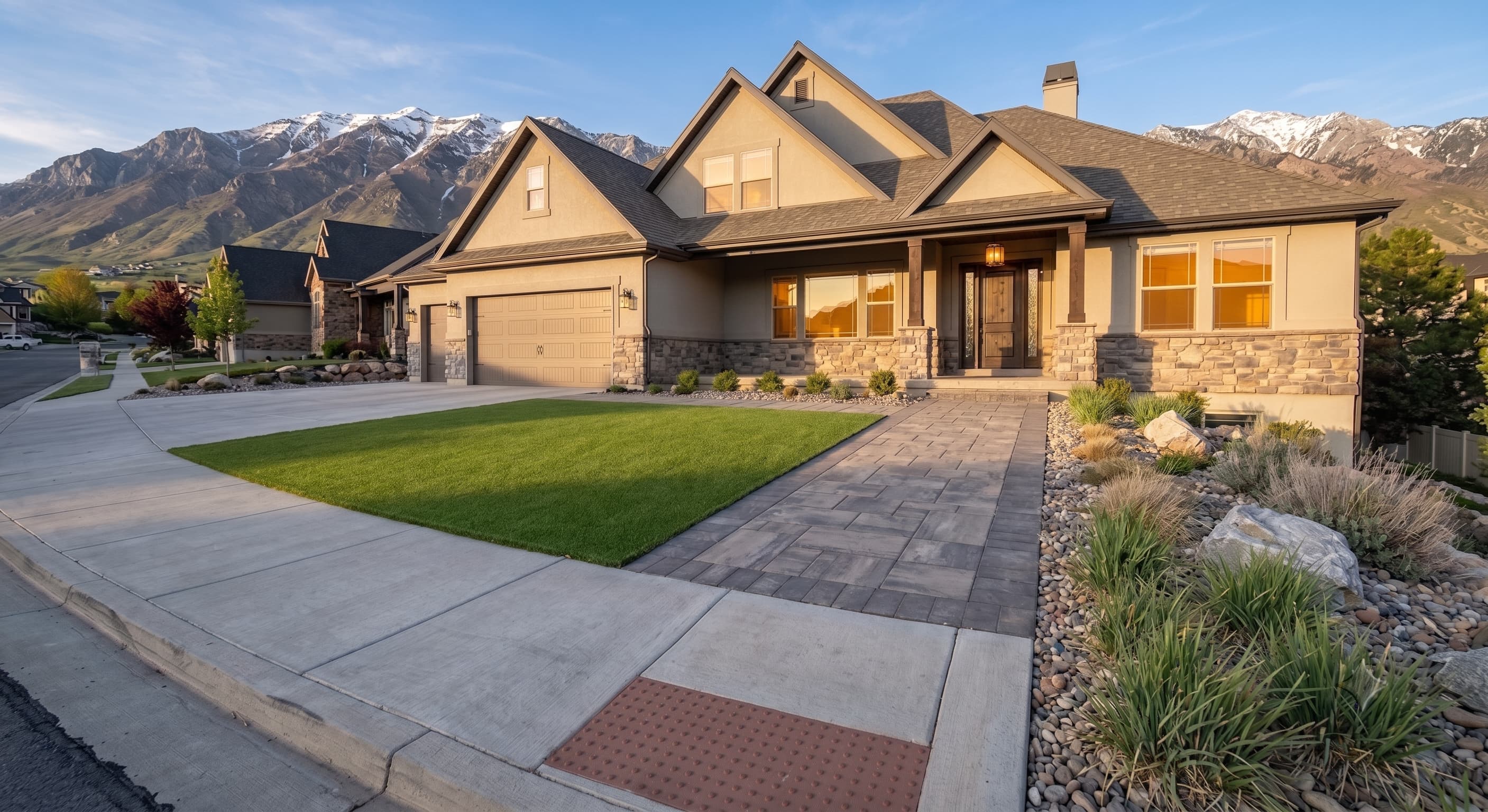 A paver walkway and fresh lawn leading to a stone-and-stucco Utah home with snowy peaks behind