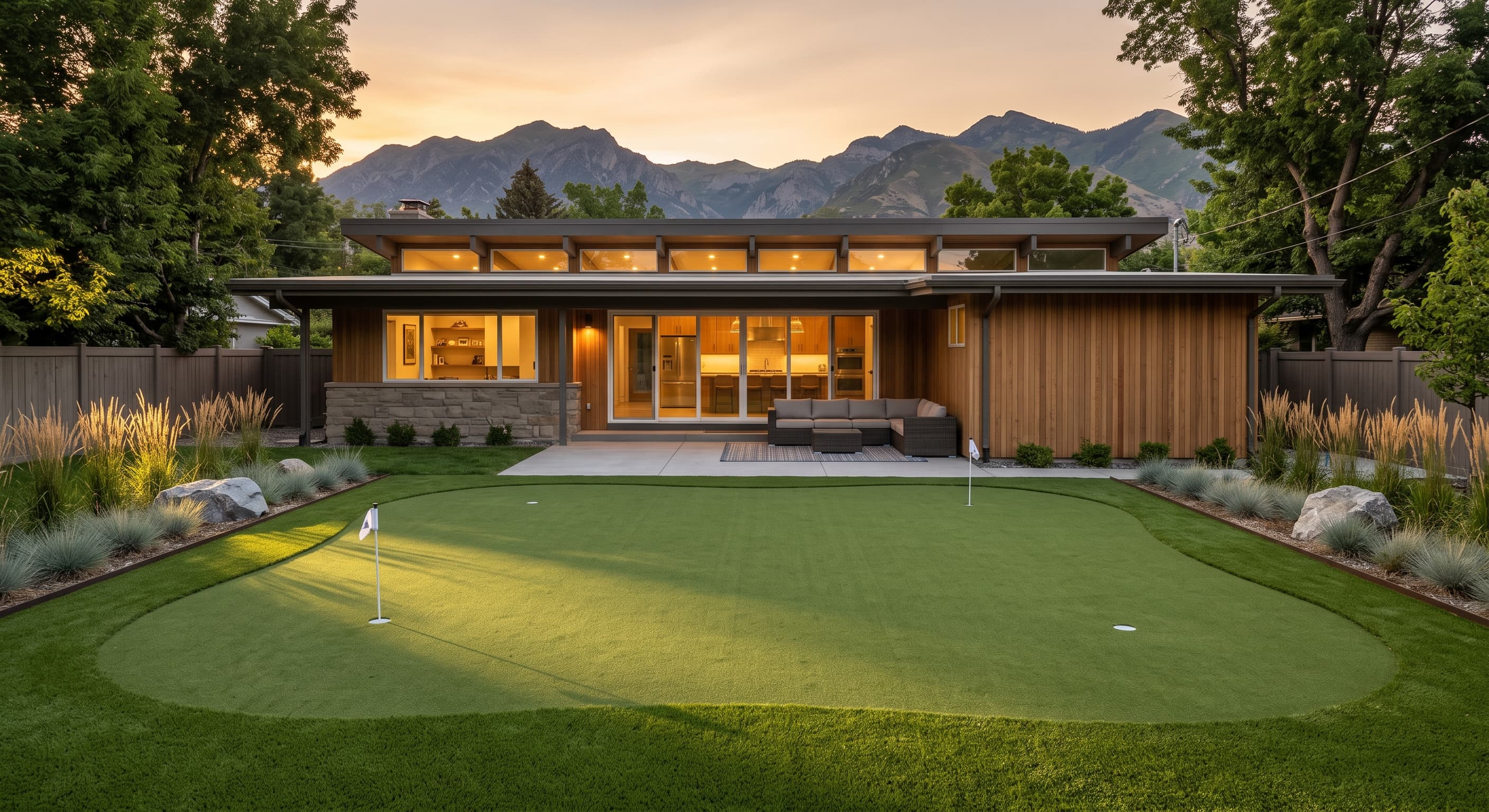 A backyard putting green with two flags behind a mid-century modern Utah home at dusk