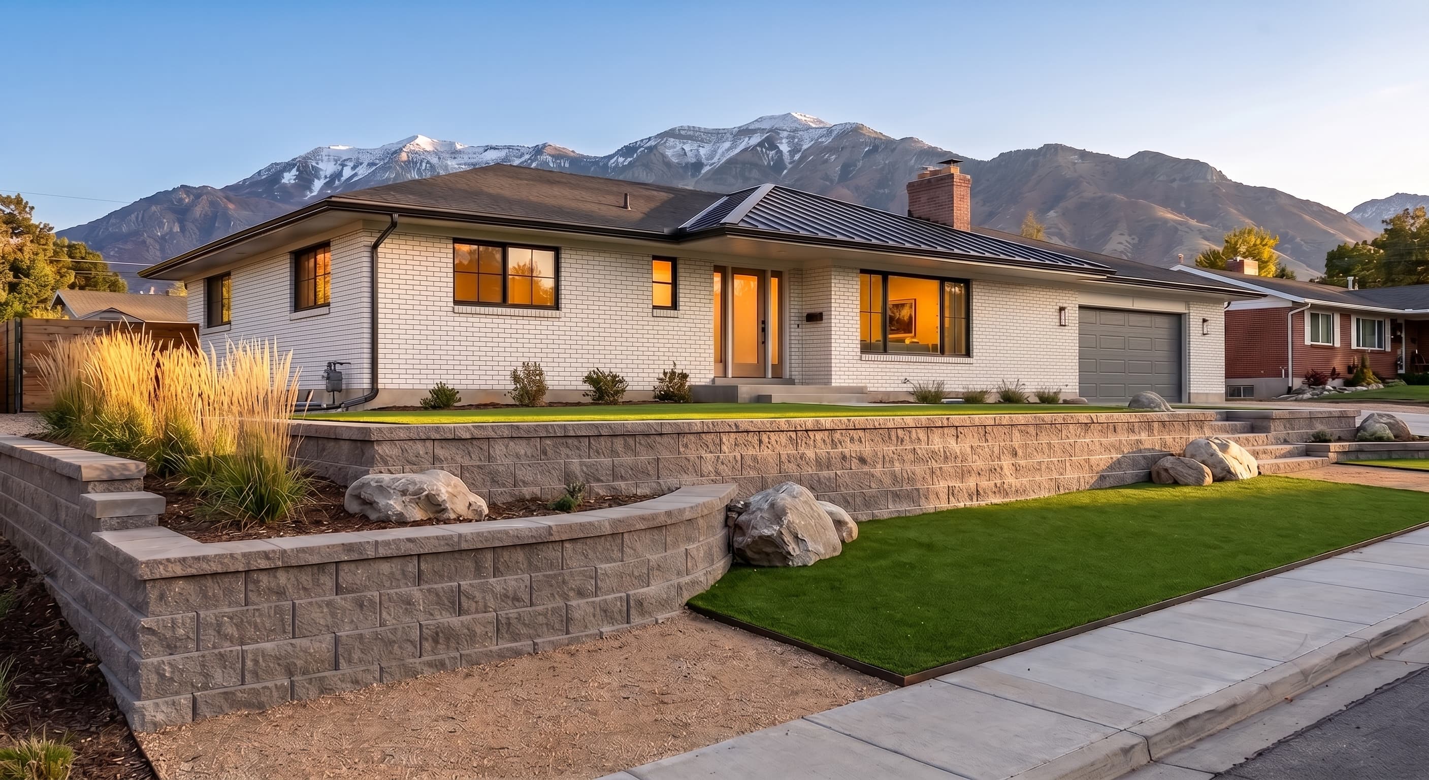 A terraced block retaining wall with turf and native grasses in front of a white brick rambler