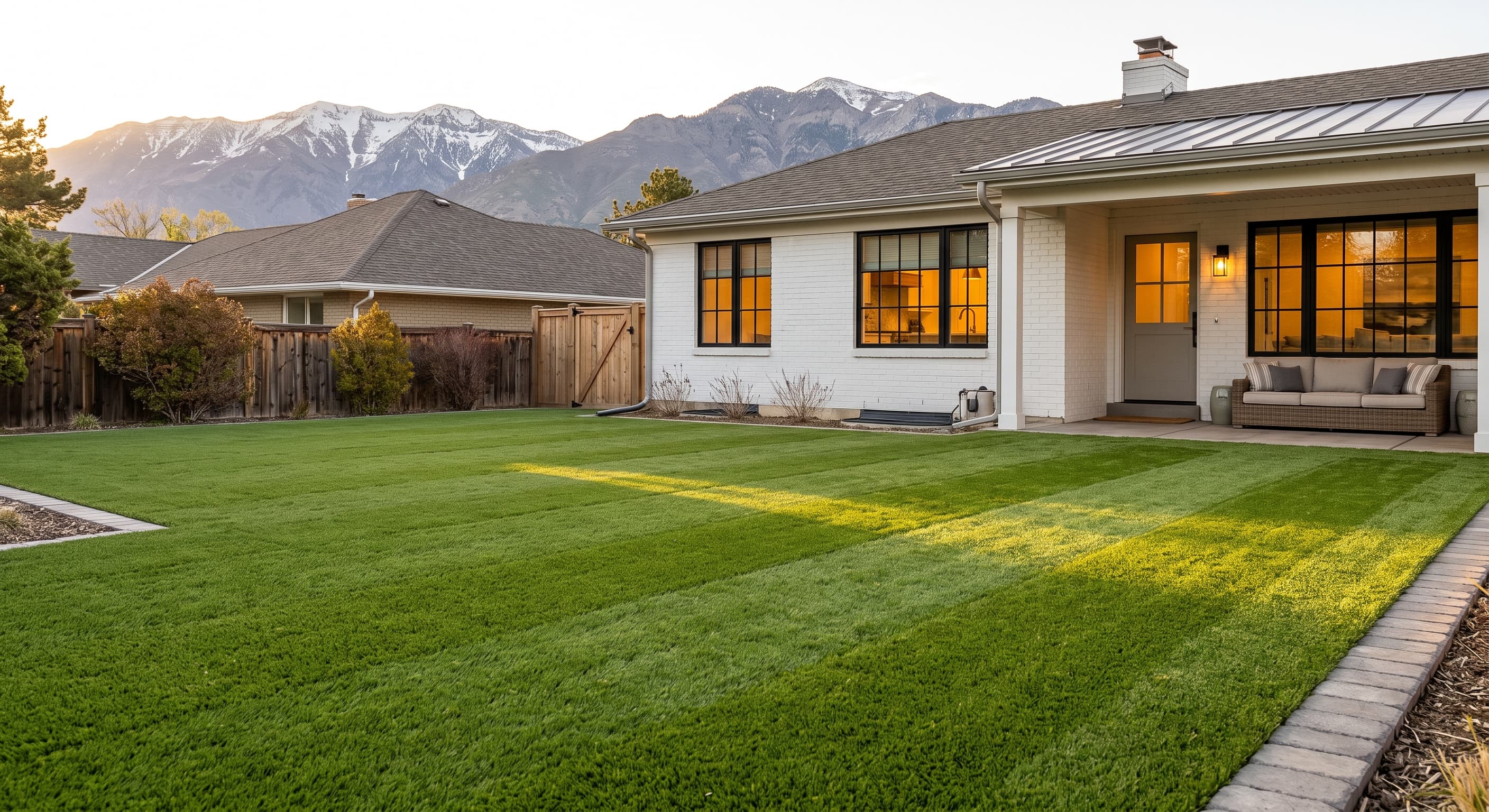 A striped artificial grass lawn wrapping a white brick Utah home at dusk, mountains behind